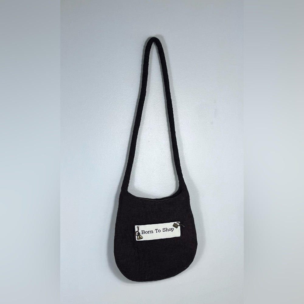 Wool “Born To Shop” Brown Crossbody Bag. Canvas Embroidered Patch & Charms